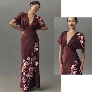 BHLDN Leila Deep V Flutter Sleeve Satin A Line Gown 16 NWT